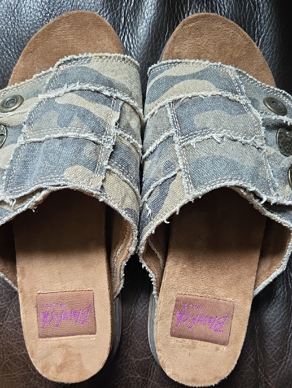 Blowfish Camouflage Slide Mules in Brown and Gray